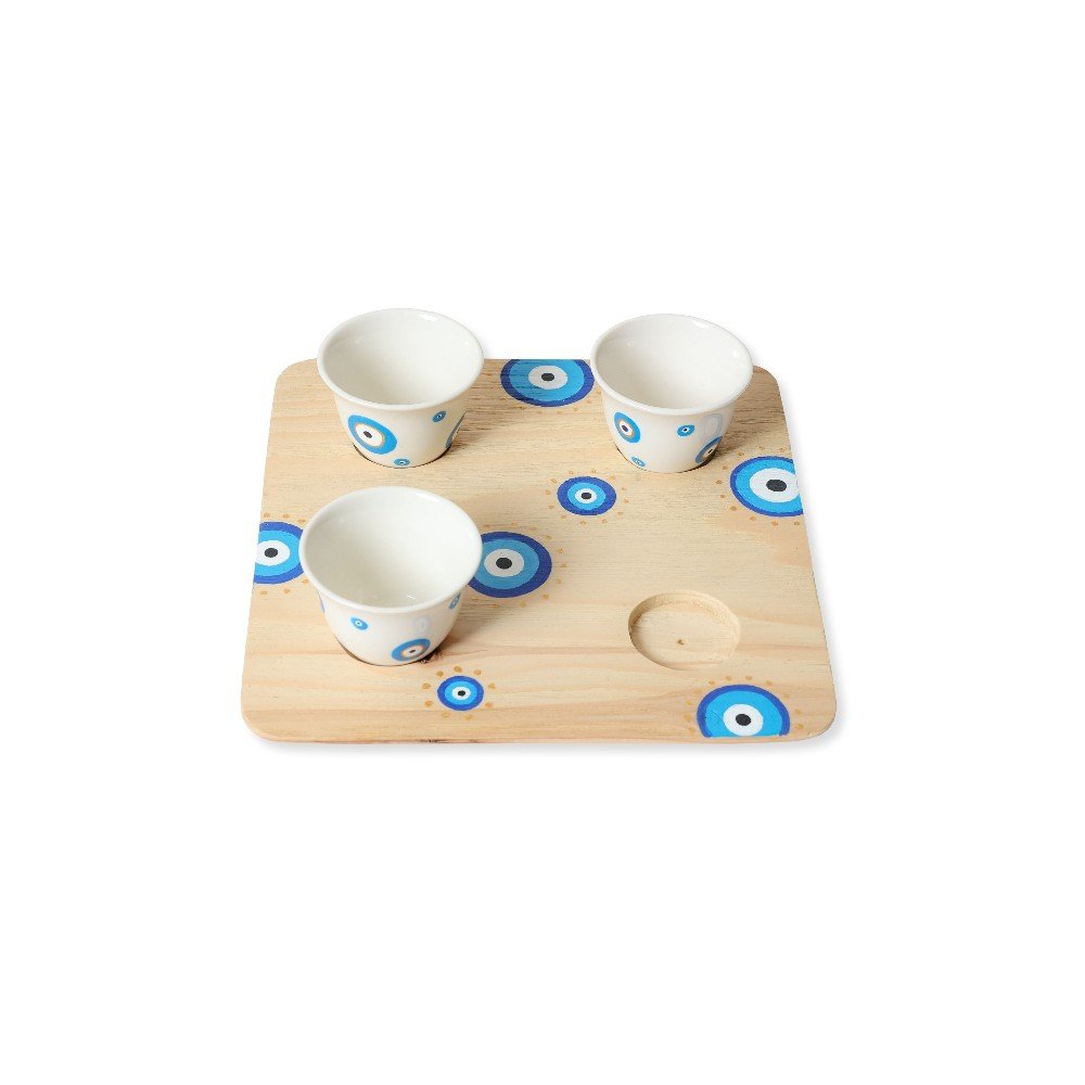 Set of 4 Evil Eye Porcelain Shaffe Coffee Cups with Tray