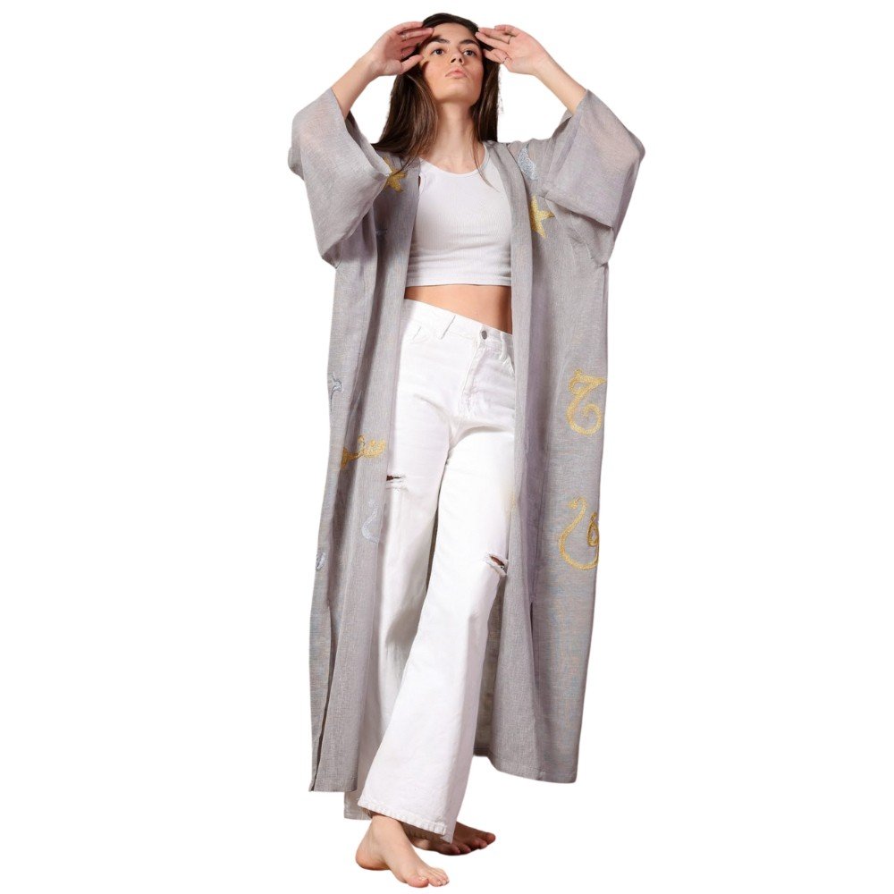 Abjadiya: Grey 
Long Linen Abaya