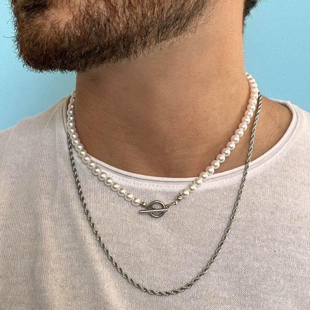 Set of 2 Men's Necklaces: 
Pearl & Silver Chain