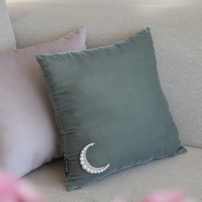 Sage Velvet Cushion with Crescent Motif