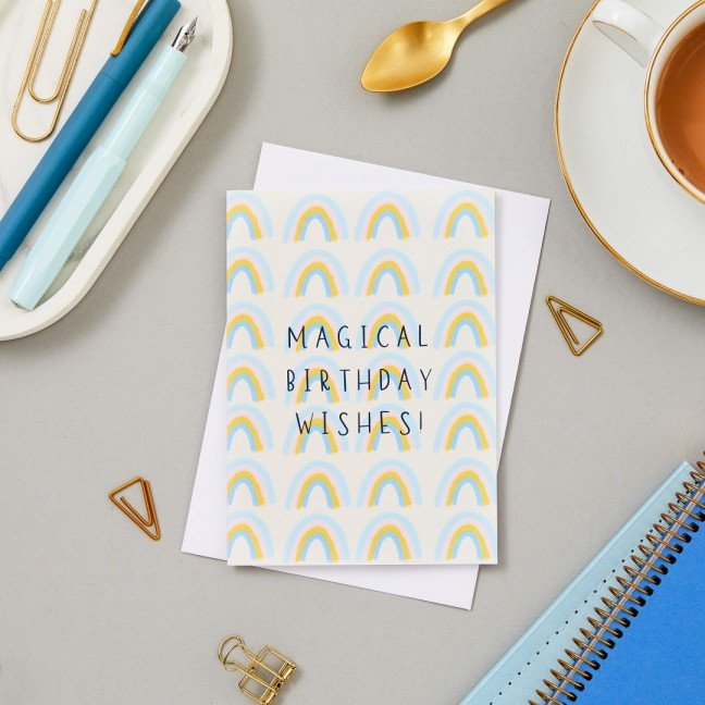 Greeting card: Birthday 
wishes, magical rainbow