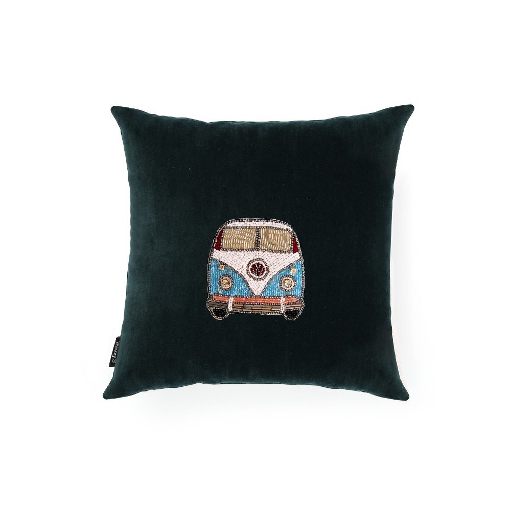 Embroidered dark green velvet camper cushion