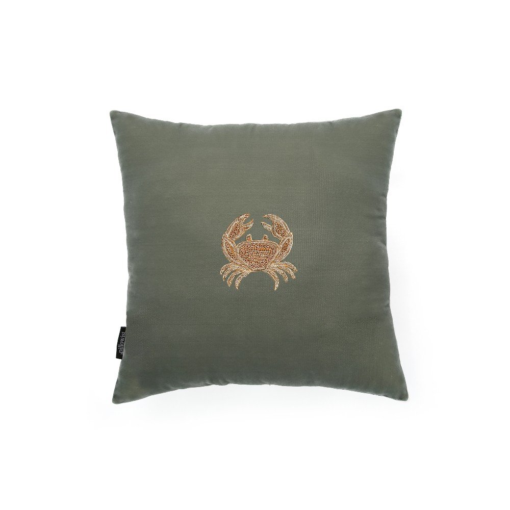 Embroidered sage green velvet crab cushion