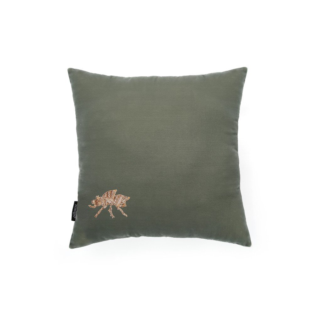 Embroidered sage green velvet insect cushion cover