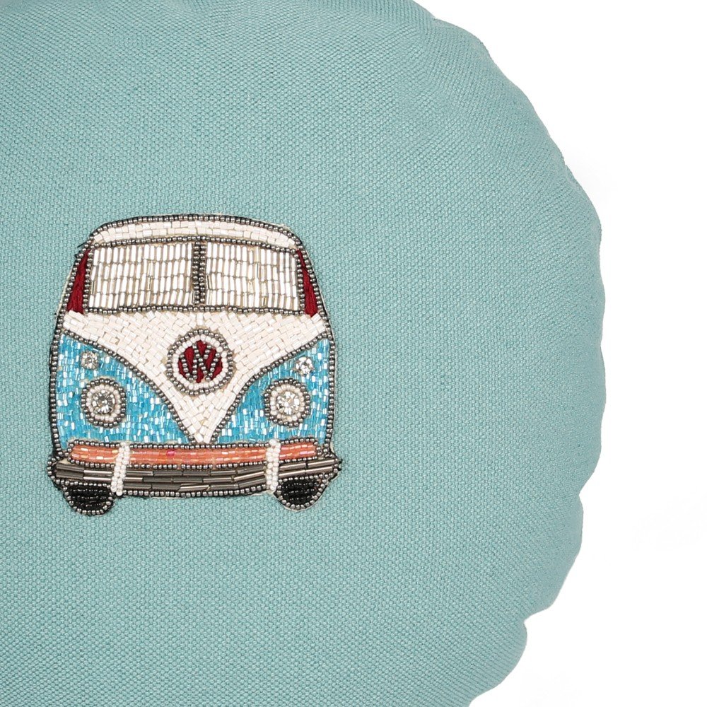 Embroidered blue canvas camper cushion
