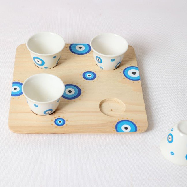 Set of 4 Evil Eye Porcelain Shaffe Coffee Cups with Tray