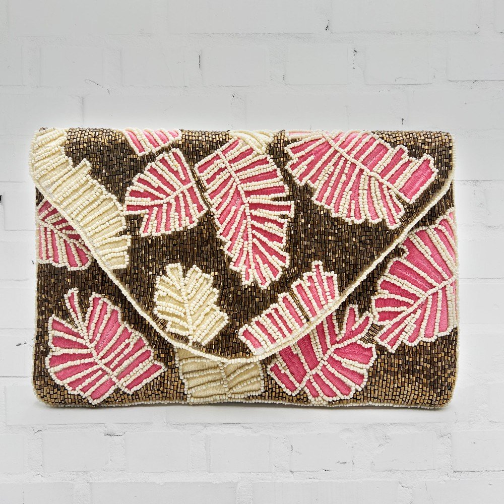 Pink Palm 
Embroidered Clutch