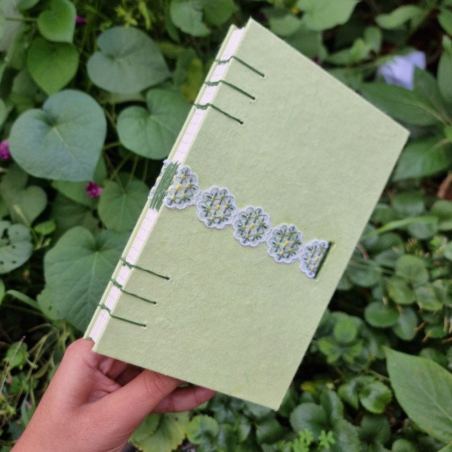 Journal: sage green 
with embroidered ribbon