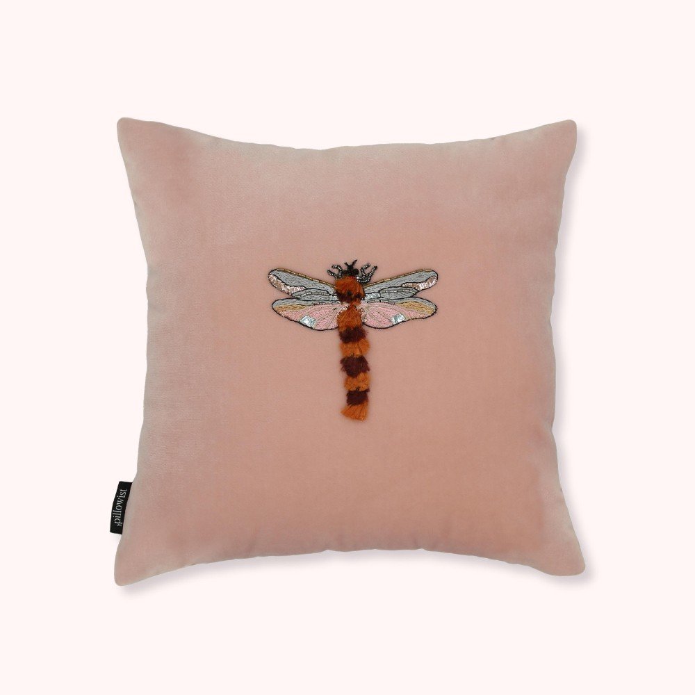 Embroidered pink velvet dragonfly cushion