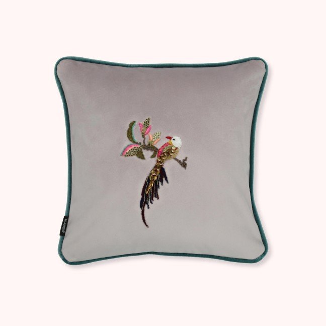 Embroidered dusky lilac velvet bird cushion cover