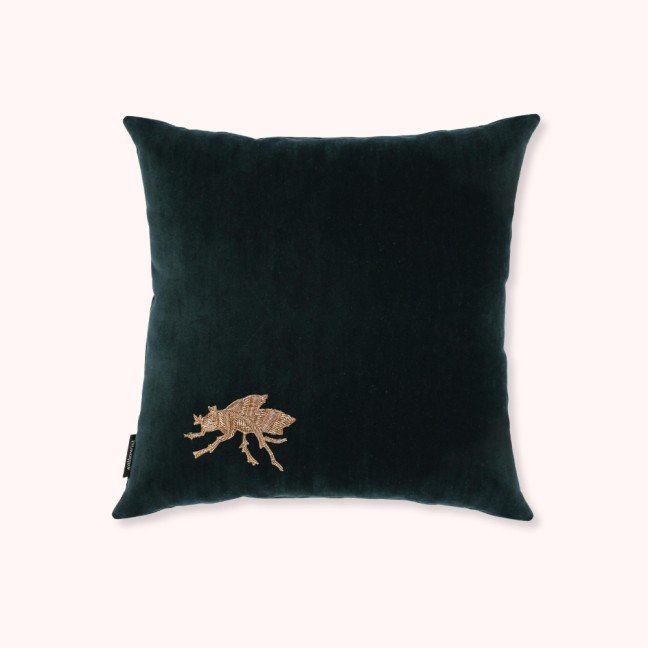 Embroidered dark green velvet insect cushion