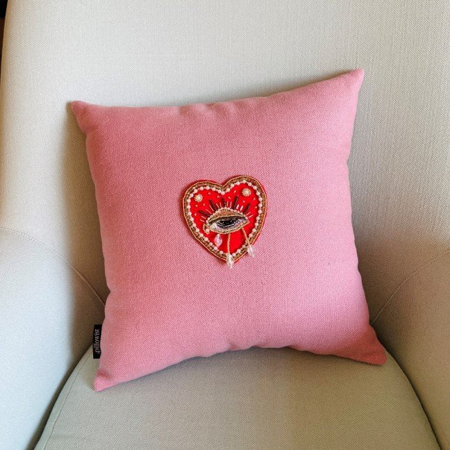 Embroidered pink canvas red heart cushion