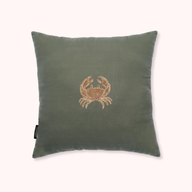 Embroidered sage green velvet crab cushion