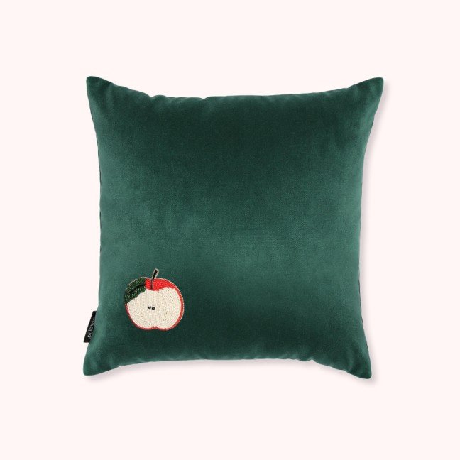 Embroidered green velvet red apple cushion