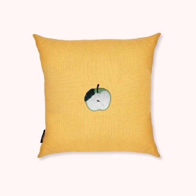 Embroidered yellow canvas green apple cushion