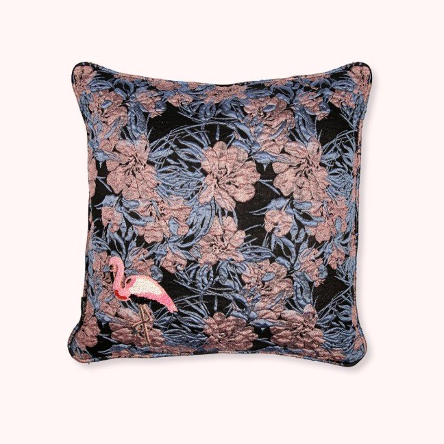 Embroidered floral brocade flamingo cushion cover