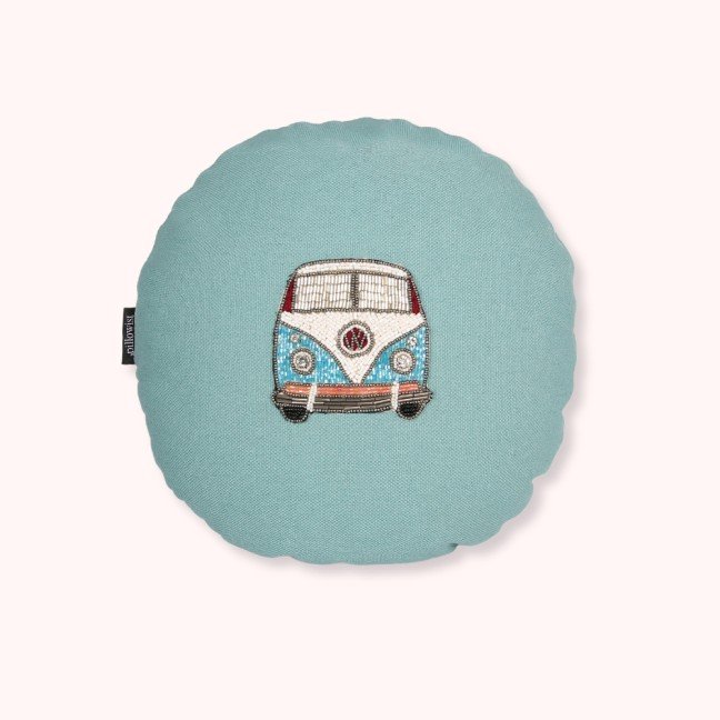 Embroidered blue canvas camper cushion