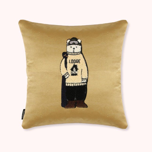 Embroidered gold velvet lodge bear cushion cover