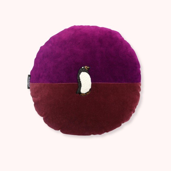 Embroidered bi-colored burgundy velvet penguin cushion