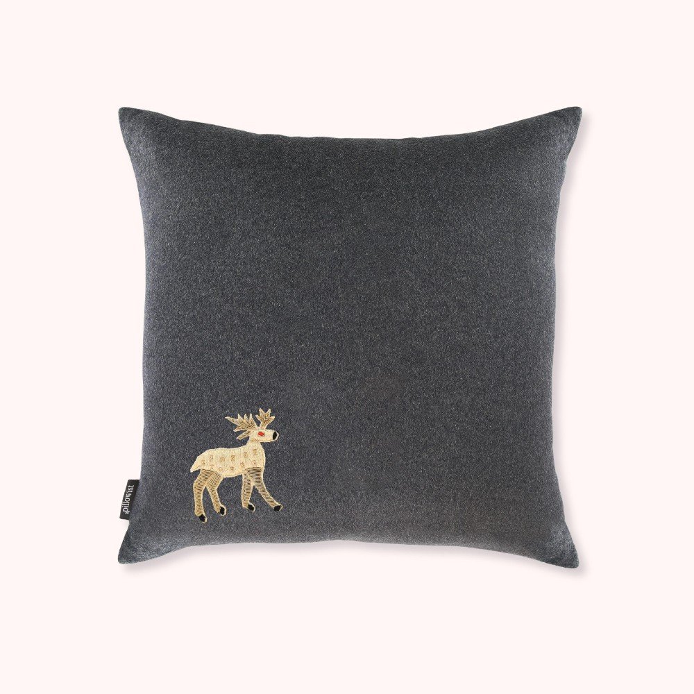 Embroidered grey wool reindeer cushion cover