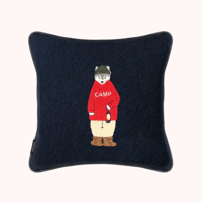 Embroidered black wool camp bear cushion cover