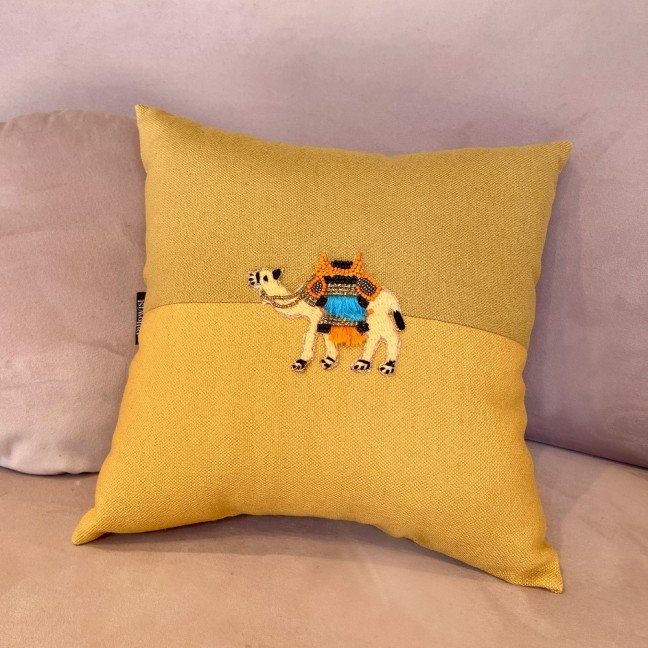 Embroidered Yellow & Mustard Canvas Camel Cushion