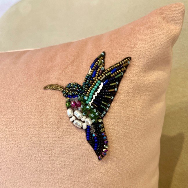 Embroidered Pink Velvet Hummingbird Cushion