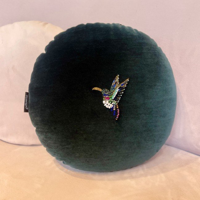 Embroidered Dark Green Velvet Hummingbird Cushion