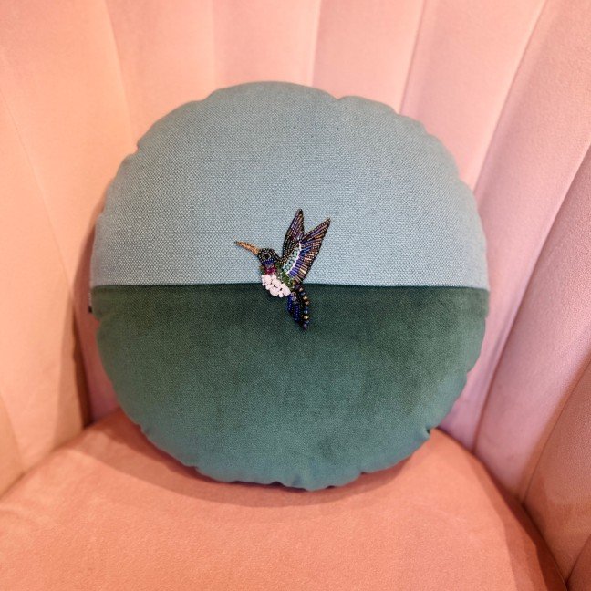 Embroidered Bi-Colored Canvas & Velvet Hummingbird Cushion