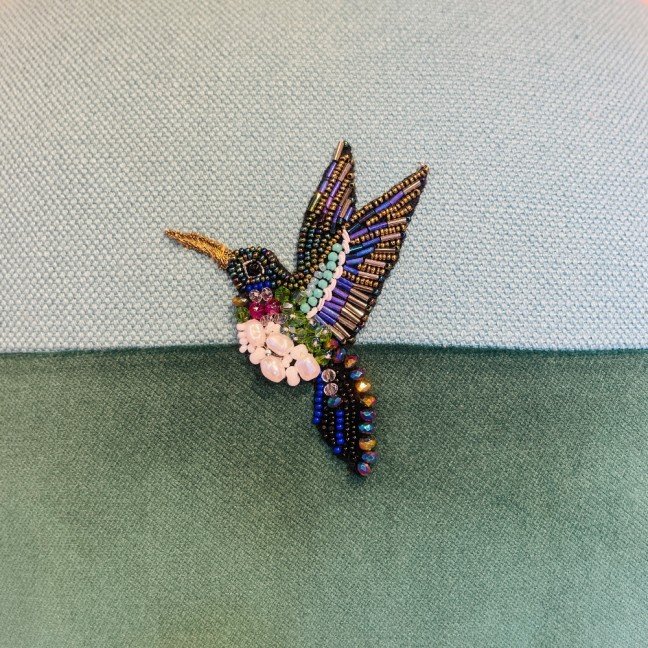 Embroidered Bi-Colored Canvas & Velvet Hummingbird Cushion