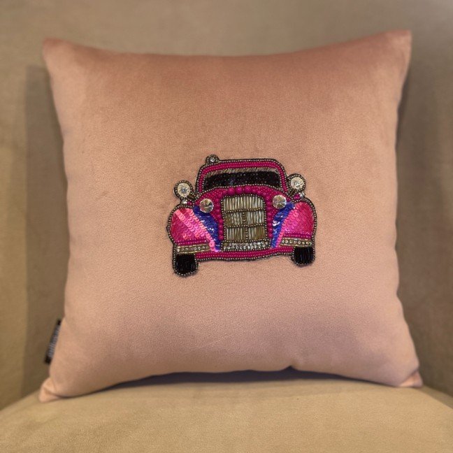Embroidered Pink 
Velvet Taxi Cushion