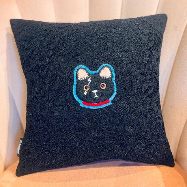 Embroidered Black 
Lace Cat Cushion II