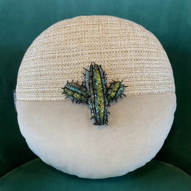 Embroidered Bi-Colored Canvas & Velvet Cactus Cushion