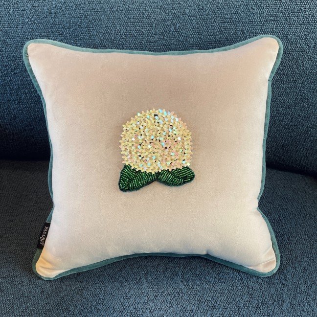 Embroidered Dusky Lilac Velvet Hydrangea Cushion