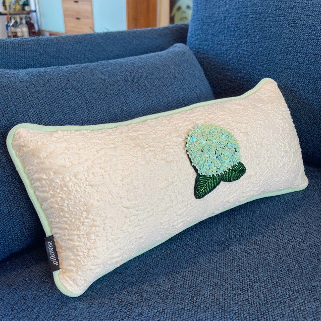 Embroidered Off-White Brocade Hydrangea Cushion