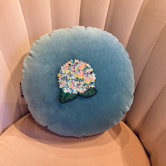 Embroidered Cedar Velvet Hydrangea Cushion