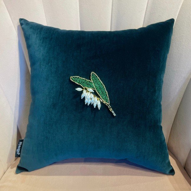 Embroidered Dark Green Velvet Pearl Bloom Cushion