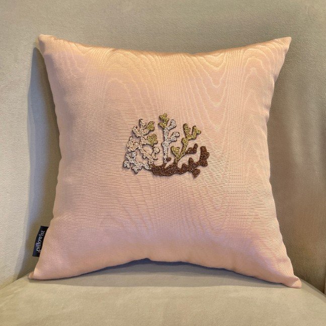 Embroidered Salmon 
Moiré Coral Cushion