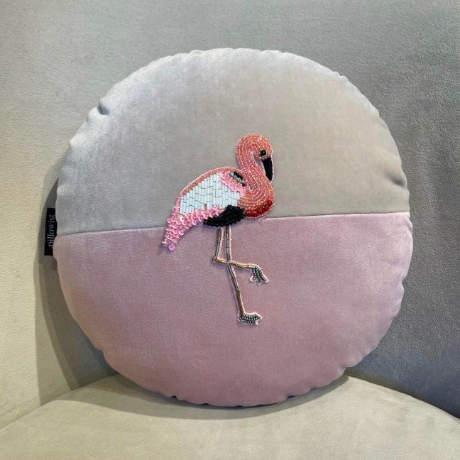 Embroidered Bi-Colored Velvet Flamingo Cushion