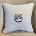 Embroidered Off-White Canvas Cat Cushion