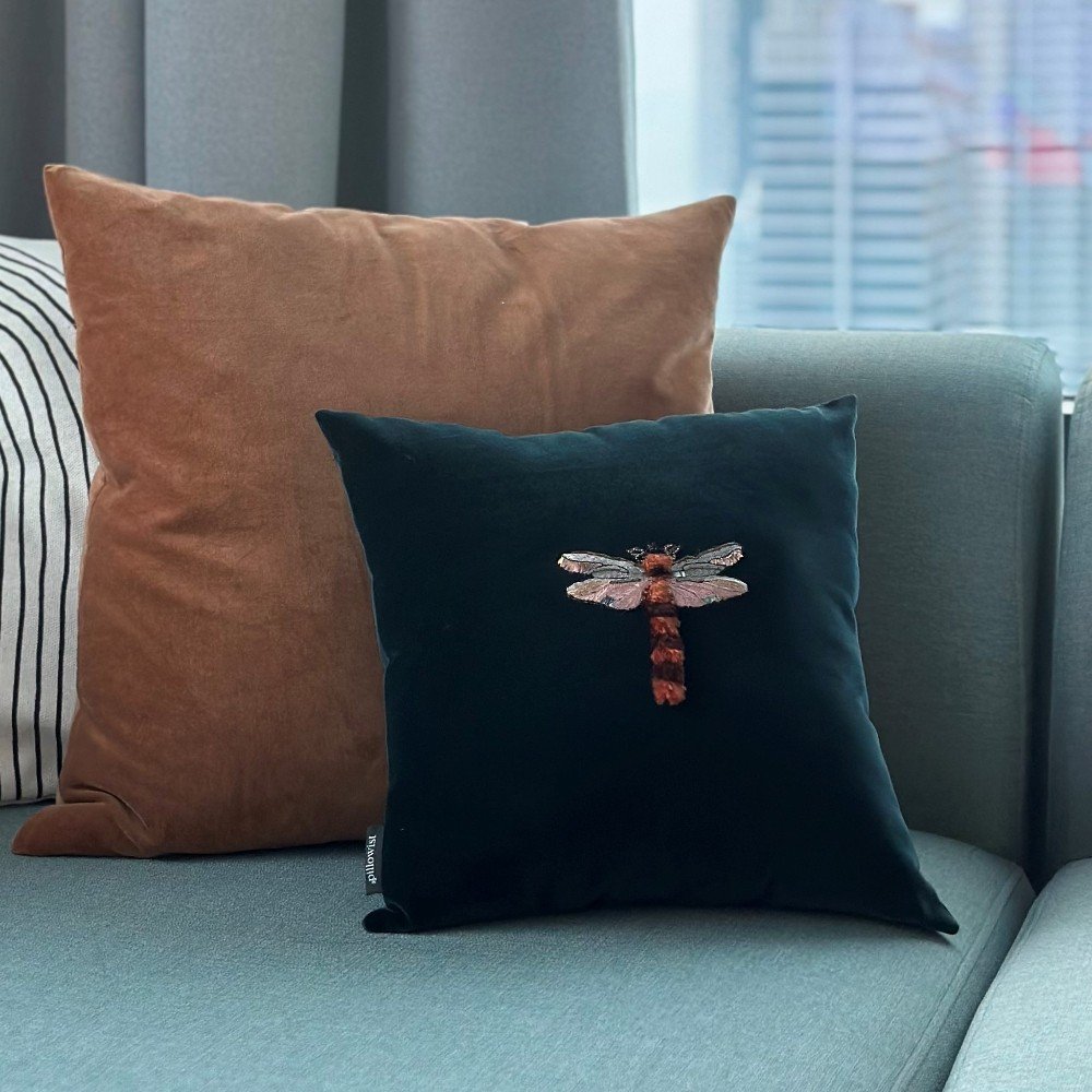 Embroidered bottle green velvet dragonfly cushion
