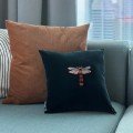 Embroidered bottle green velvet dragonfly cushion