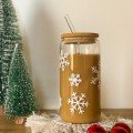 Snowflakes Glass Cup With Wood Lid & Straw
