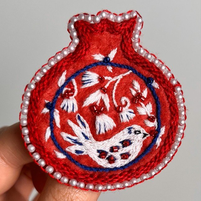 Embroidered Pomegranate 
& Bird Brooch