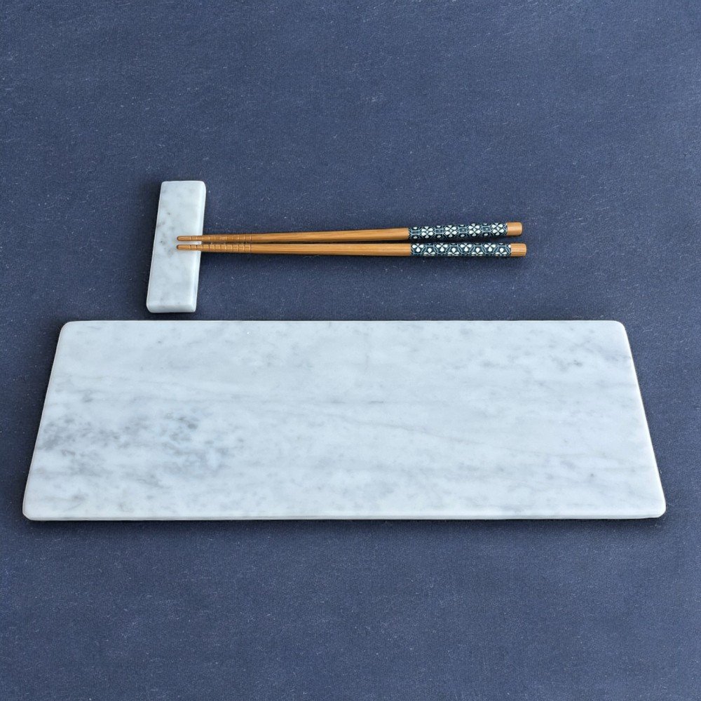 White Italian Marble Sushi Set: Plate & Cutlery Rest