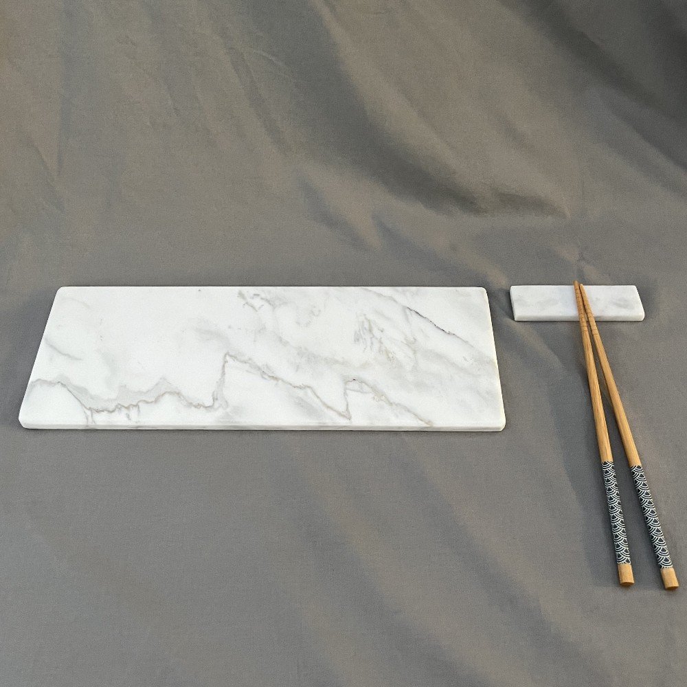 White Italian Marble Sushi Set: Plate & Cutlery Rest