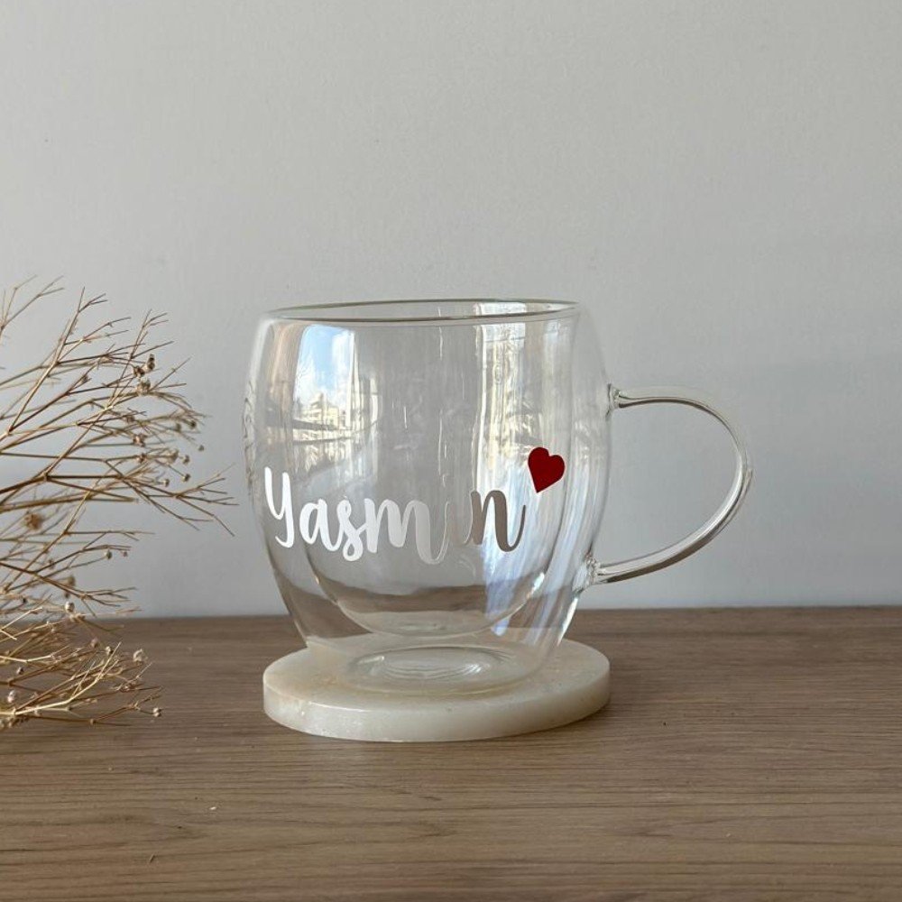 Customized Red Heart 
Double Glass Cup
