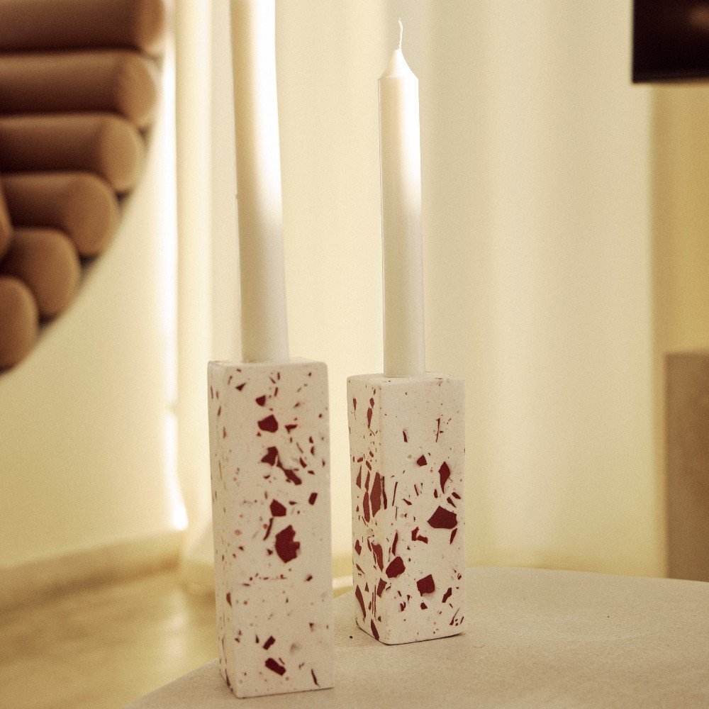 Set of 2 Terrazzo Candle Holders & 5 Tea Lights