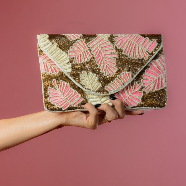 Pink Palm 
Embroidered Clutch