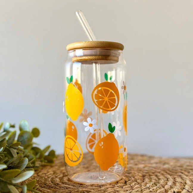 Citrus Glass Cup 
With Wood Lid & Straw